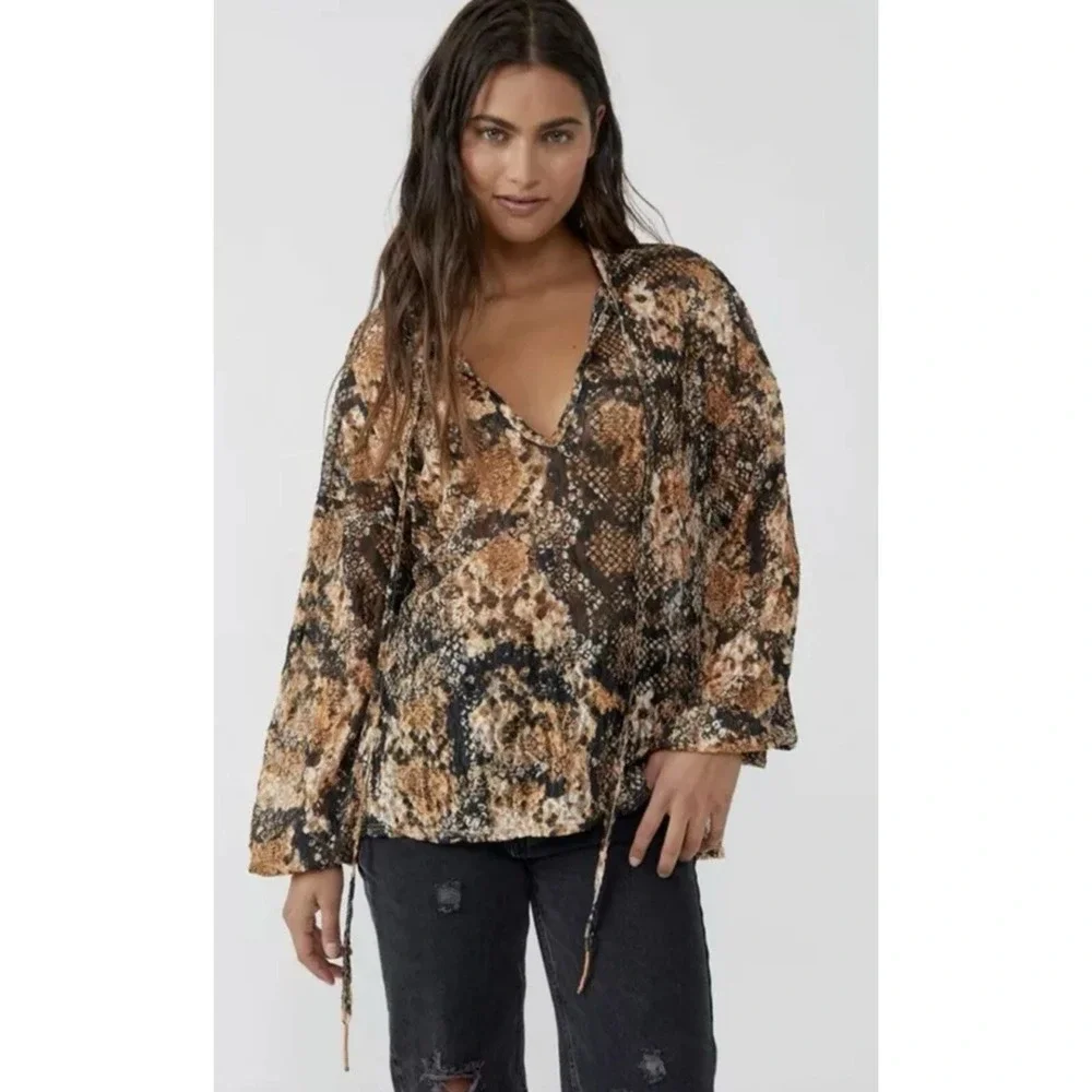 Free People Out for the Night Snakeskin Print Sheer Top Medium NWT Tie Banded